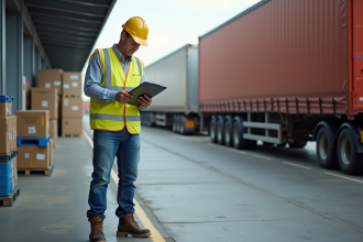 Ouvrier d'entrepot en gilet haute visibilite checkant un clipboard