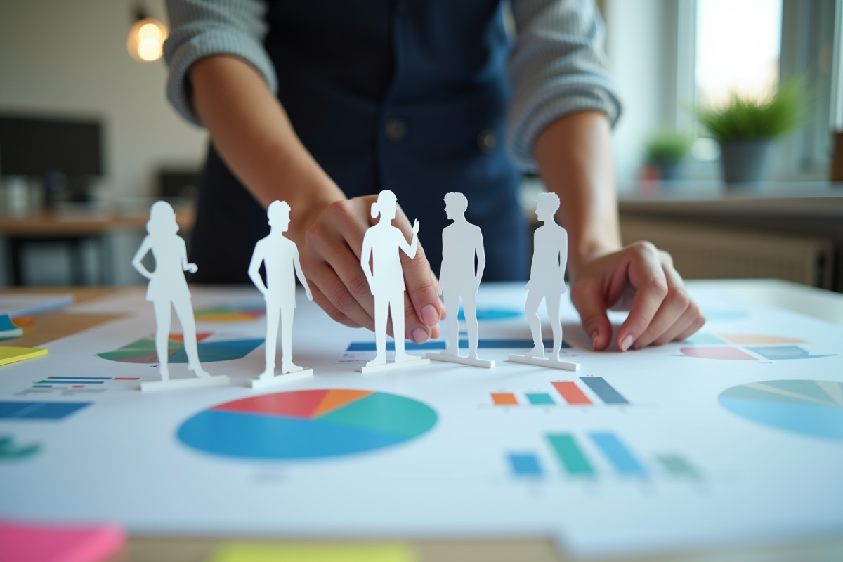 Main organisant des profils clients sur un bureau avec icônes marketing