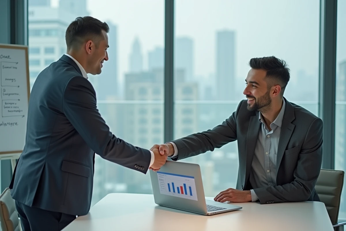 Deux professionnels B2B concluant un accord commercial dans une salle de réunion moderne