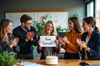 Collègues réunis autour d'un bureau pour un pot de départ humoristique avec carte et gâteau dans un bureau moderne