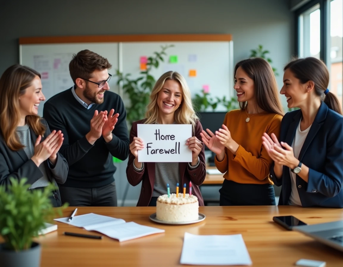 Collègues réunis autour d'un bureau pour un pot de départ humoristique avec carte et gâteau dans un bureau moderne