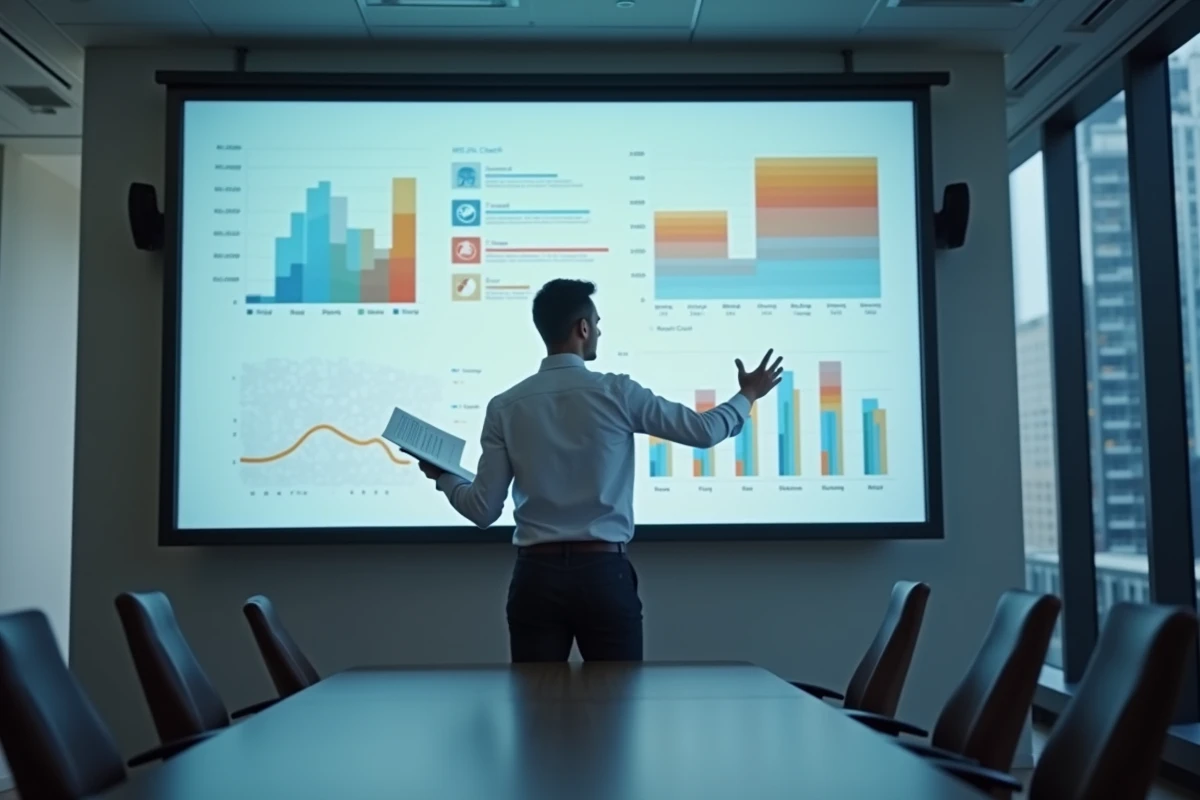 Animateur de réseau d'accompagnement présentant les résultats du baromètre entrepreneurial devant un écran de conférence avec des graphiques statistiques