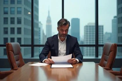 Dirigeant d'entreprise en costume marine examinant des documents juridiques en salle de conseil, illustrant les responsabilités du président du directoire ou directeur général