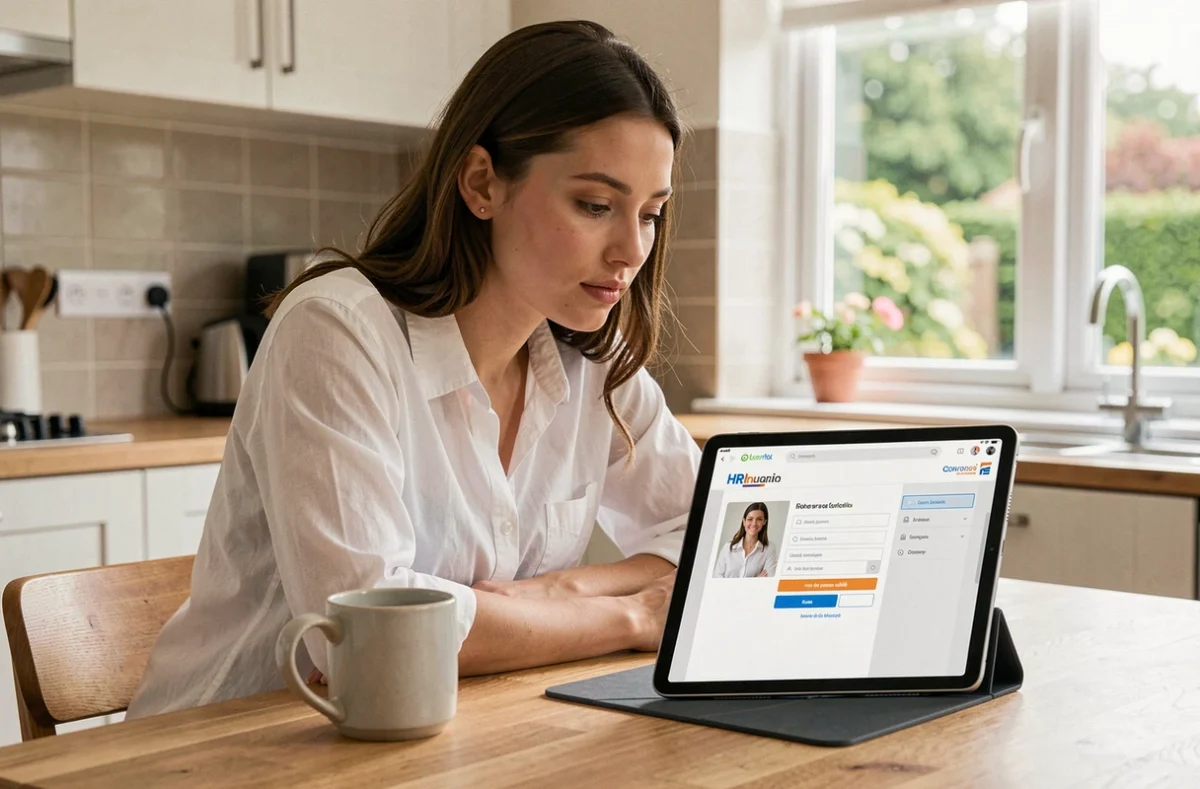 Jeune femme à domicile accédant à la procédure de mot de passe oublié sur le portail RH Auchan HR4You depuis une tablette
