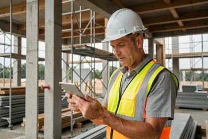 Professionnel du bâtiment consultant une plateforme de chiffrage sur tablette sur un chantier de construction