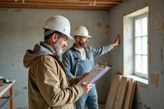 Propriétaire et entrepreneur examinant un devis de travaux dans une cuisine en rénovation