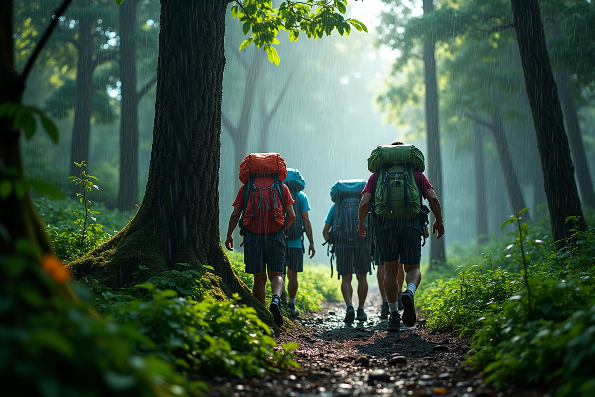 Groupe de randonneurs sous la pluie dans la forêt en train de se protéger