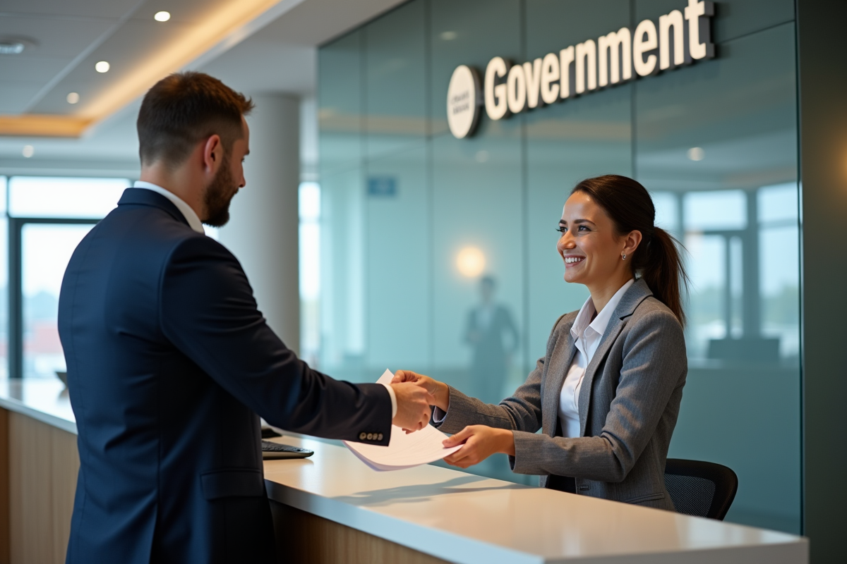 Deux personnes remettant des papiers à un agent dans un bâtiment officiel
