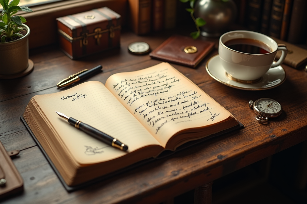 Registre ancien avec note manuscrite et accessoires vintage