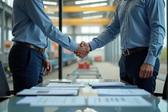 Poignée de main entre un représentant de Nitrofer et un fournisseur lors d'une réunion commerciale dans une salle de conférence industrielle