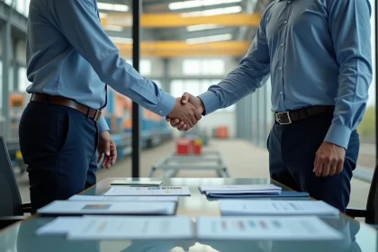 Poignée de main entre un représentant de Nitrofer et un fournisseur lors d'une réunion commerciale dans une salle de conférence industrielle