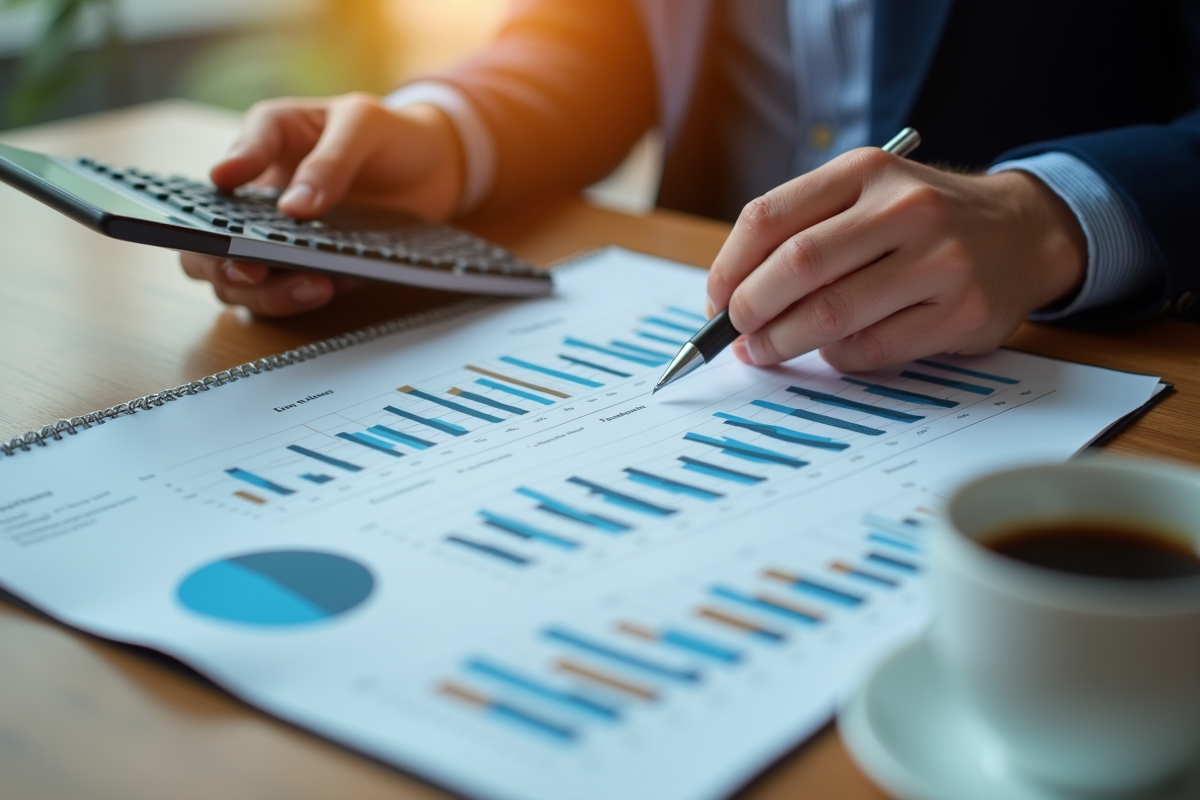 Mains examinant un rapport financier avec calculatrice et graphique
