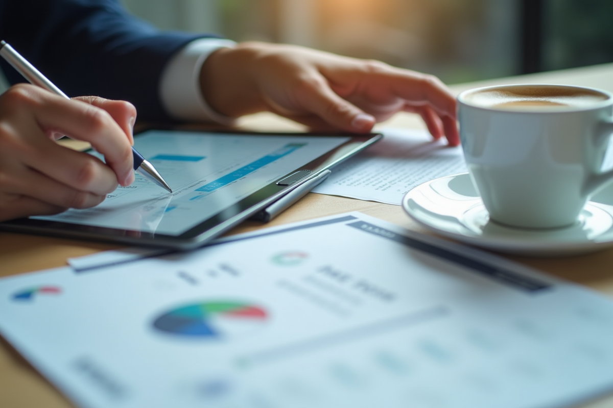 Mains remplissant formulaire fiscal sur tablette avec papiers sociaux