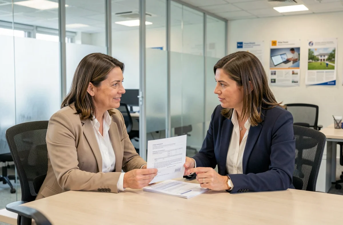 Femme en rendez-vous avec un conseiller Pôle emploi pour comprendre ses droits au chômage en travaillant chez Amazon