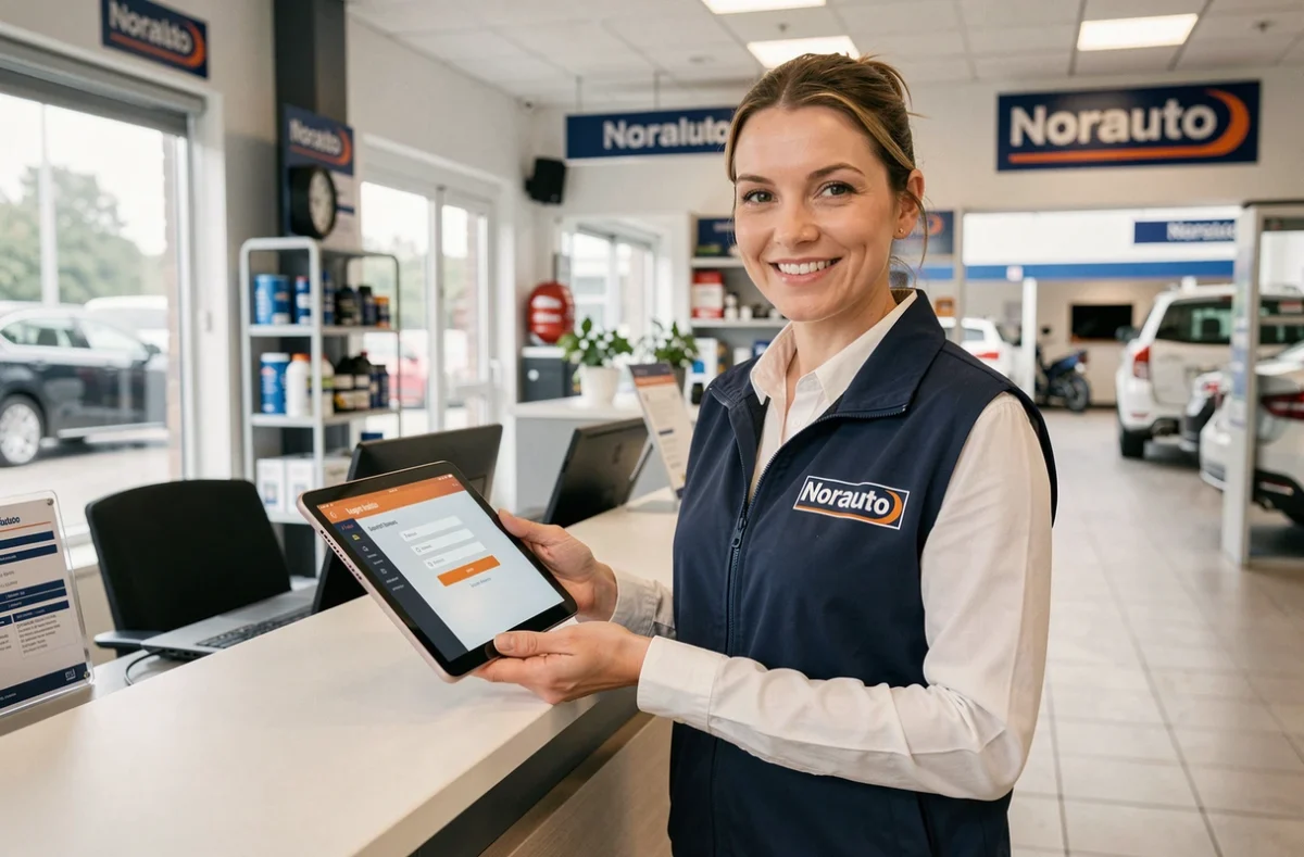Responsable accueil Norauto consultant le portail intranet sur tablette au comptoir d'un centre auto