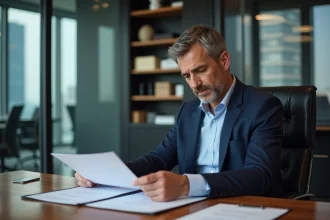 Responsable conformité en costume bleu dans un bureau moderne