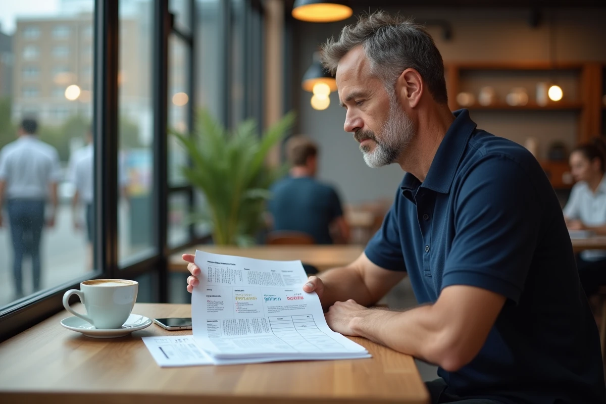 Responsable d'un petit CSE analysant des documents comparatifs sur les services de billetterie pour avantages salari&eacute;s dans un espace de coworking