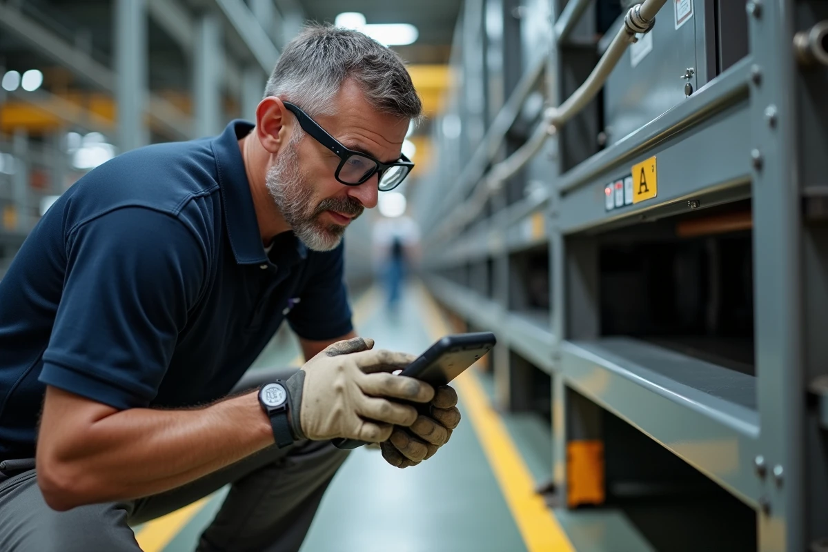 Responsable qualité scannant un QR code pour la traçabilité des équipements dans une usine de production