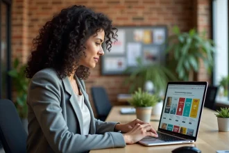Responsable RH d'un petit CSE consultant une plateforme de billetterie en ligne sur son ordinateur portable dans un bureau moderne