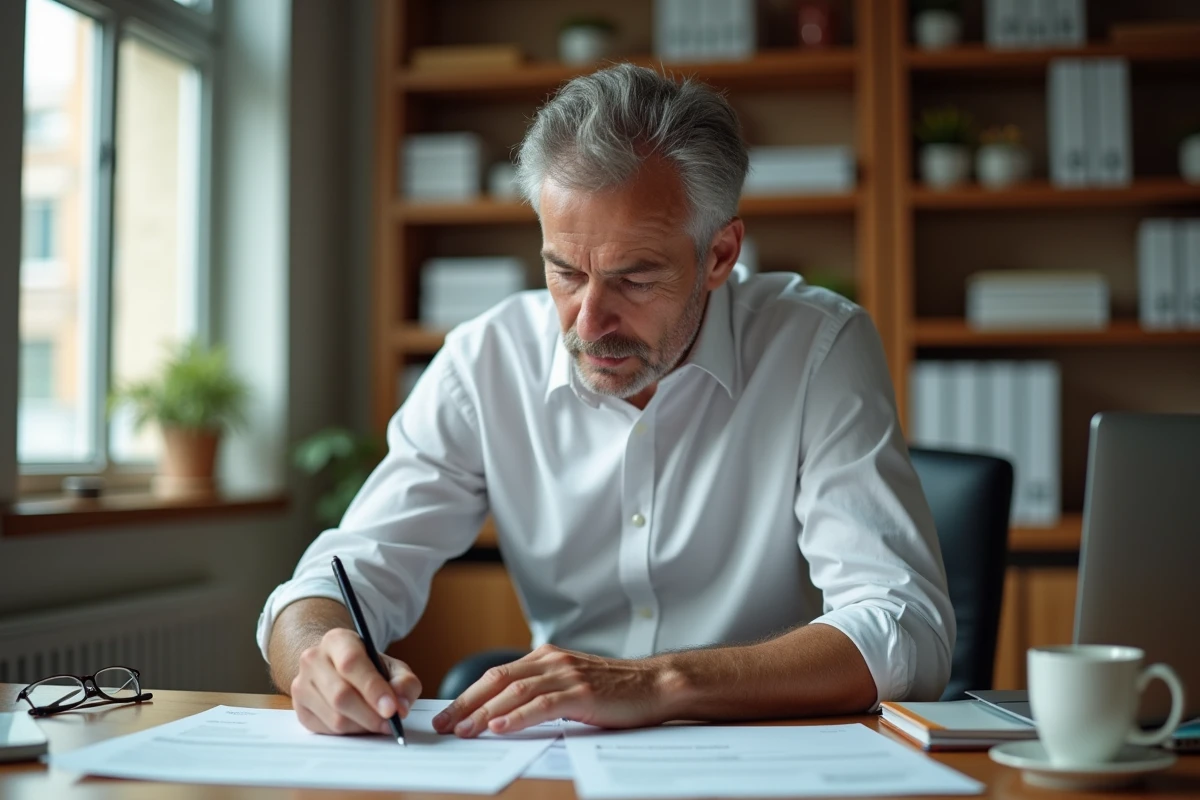 Responsable RH masculin rédigeant une note de service pour modification d'horaires dans un bureau administratif