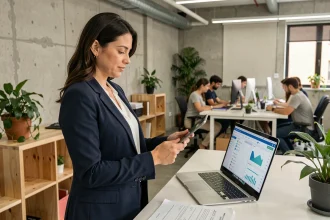 Responsable RH dans un bureau de start-up examinant des données RH sur tablette et ordinateur portable, illustration de l'accompagnement RH en hypercroissance