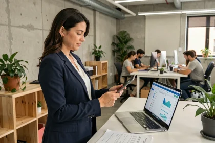 Responsable RH dans un bureau de start-up examinant des données RH sur tablette et ordinateur portable, illustration de l'accompagnement RH en hypercroissance
