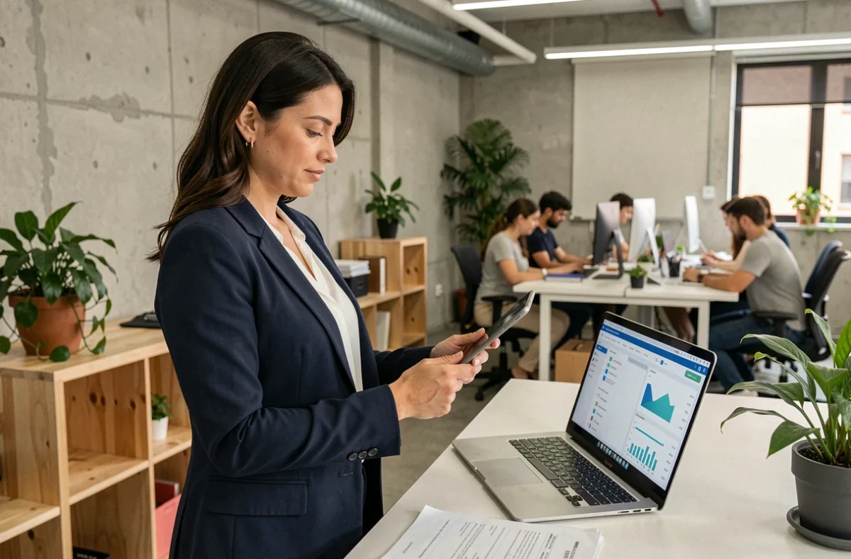 Responsable RH dans un bureau de start-up examinant des données RH sur tablette et ordinateur portable, illustration de l'accompagnement RH en hypercroissance