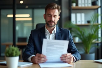 Manager securite en costume examine documents en bureau