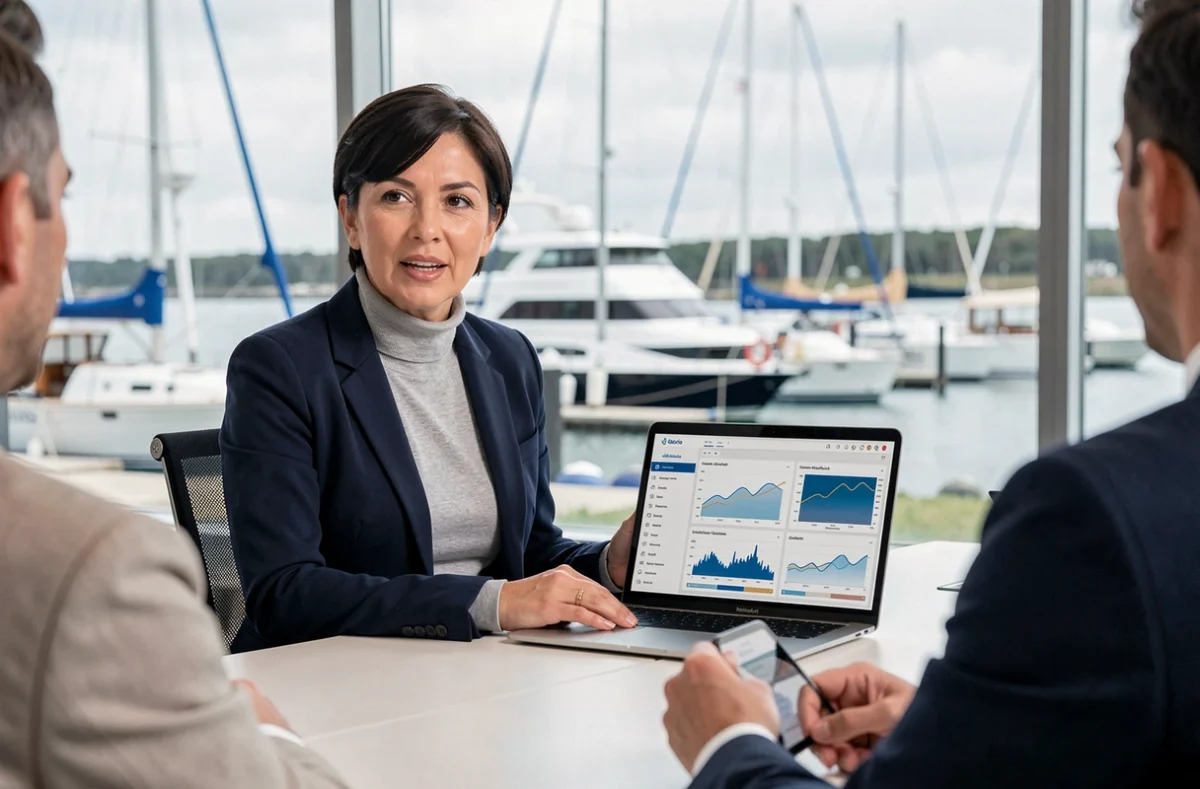 Femme professionnelle présentant des analyses du secteur naval lors d'une réunion d'affaires avec vue sur une marina