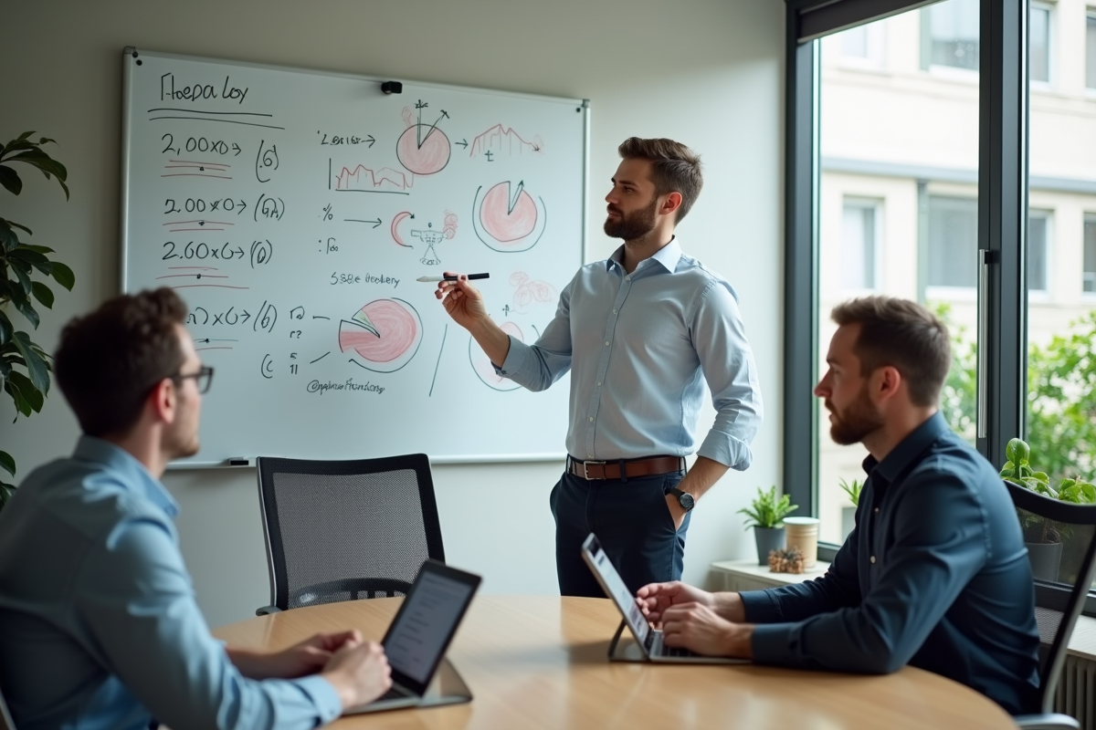 Homme en discussion avec collègues devant un whiteboard