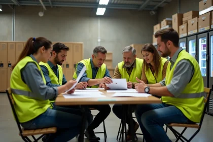 Employés de centre logistique Chronopost réunis autour d'une table pour une réunion CSE sur les conditions de travail