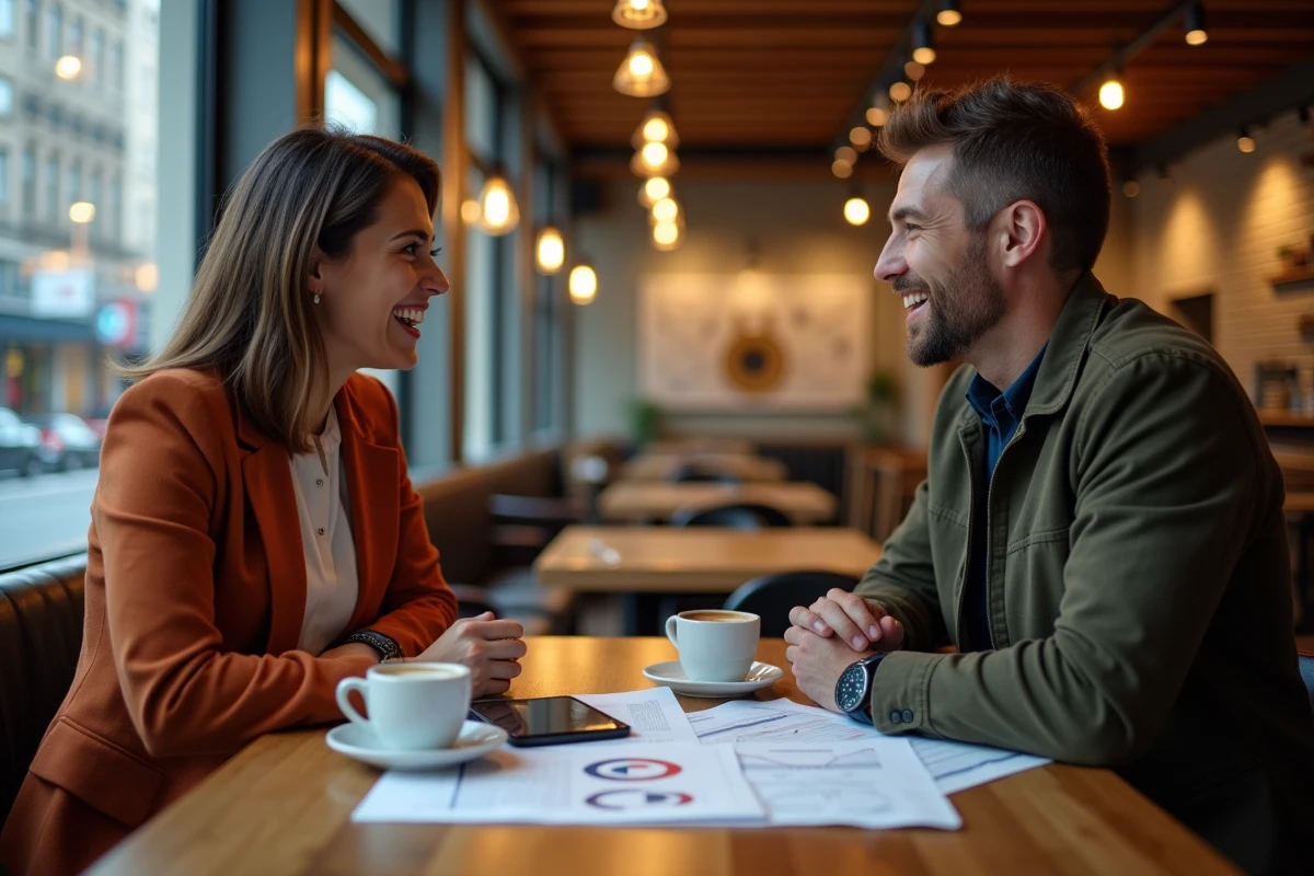 Deux entrepreneurs en réunion au café discutant des aides disponibles pour accélérer la croissance en deuxième année