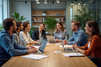 Groupe de professionnels en réunion dans un bureau lumineux