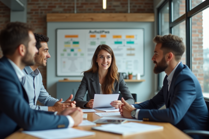 Trois professionnels en réunion dans un bureau moderne