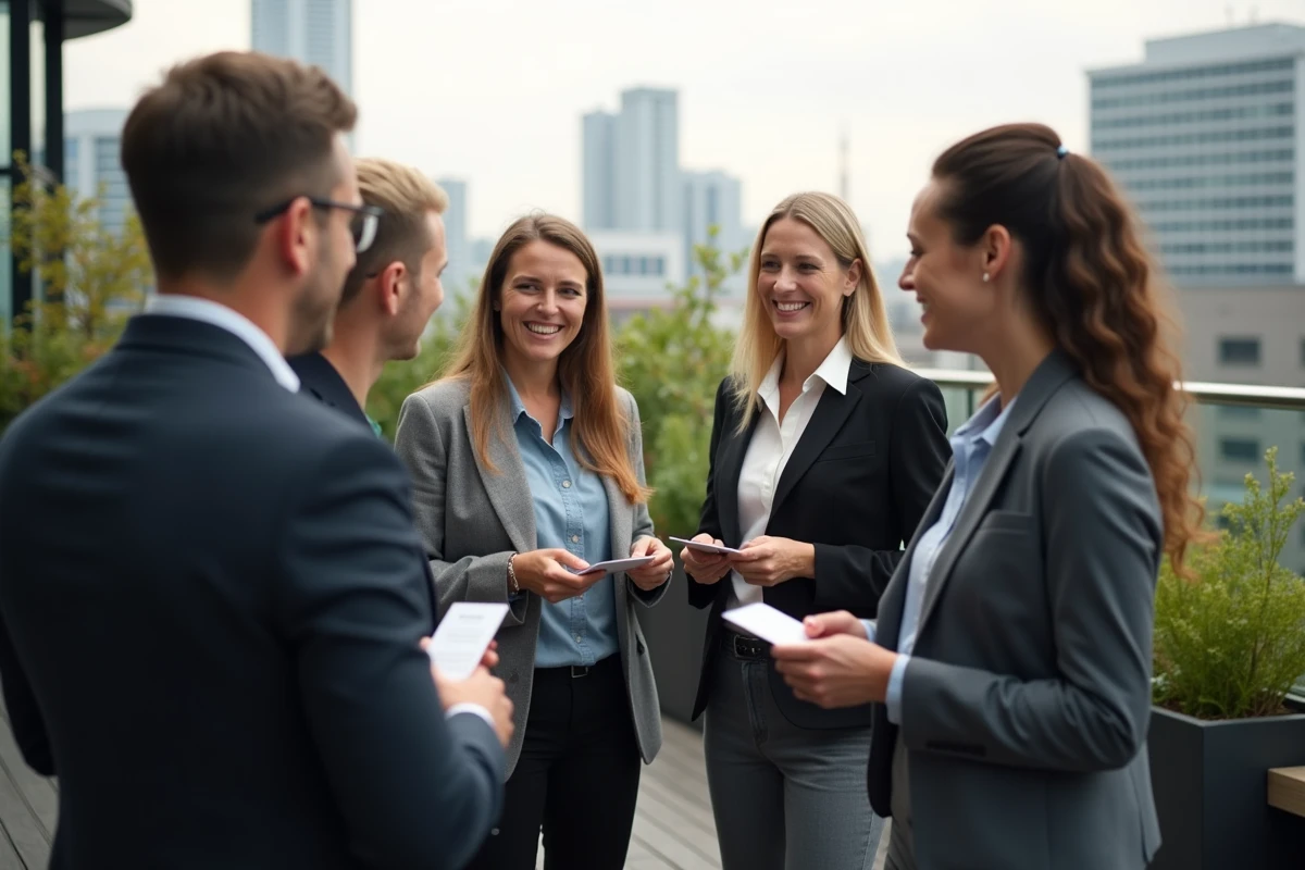 Professionnels discutant sur une terrasse urbaine