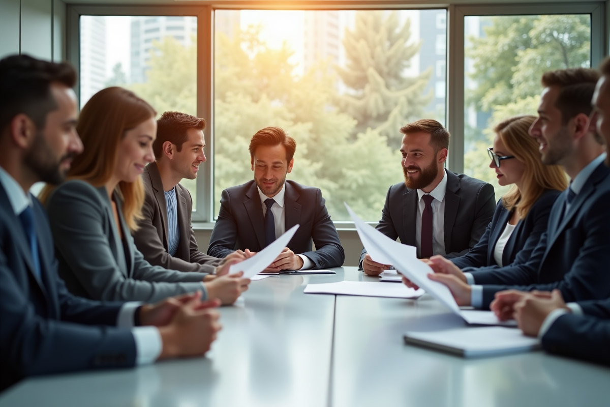 Professionnels en réunion autour d une table en lumière naturelle