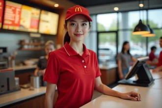Jeune employée en uniforme McDonald's derrière un comptoir de restauration rapide, illustrant le salaire étudiant chez McDo en 2026