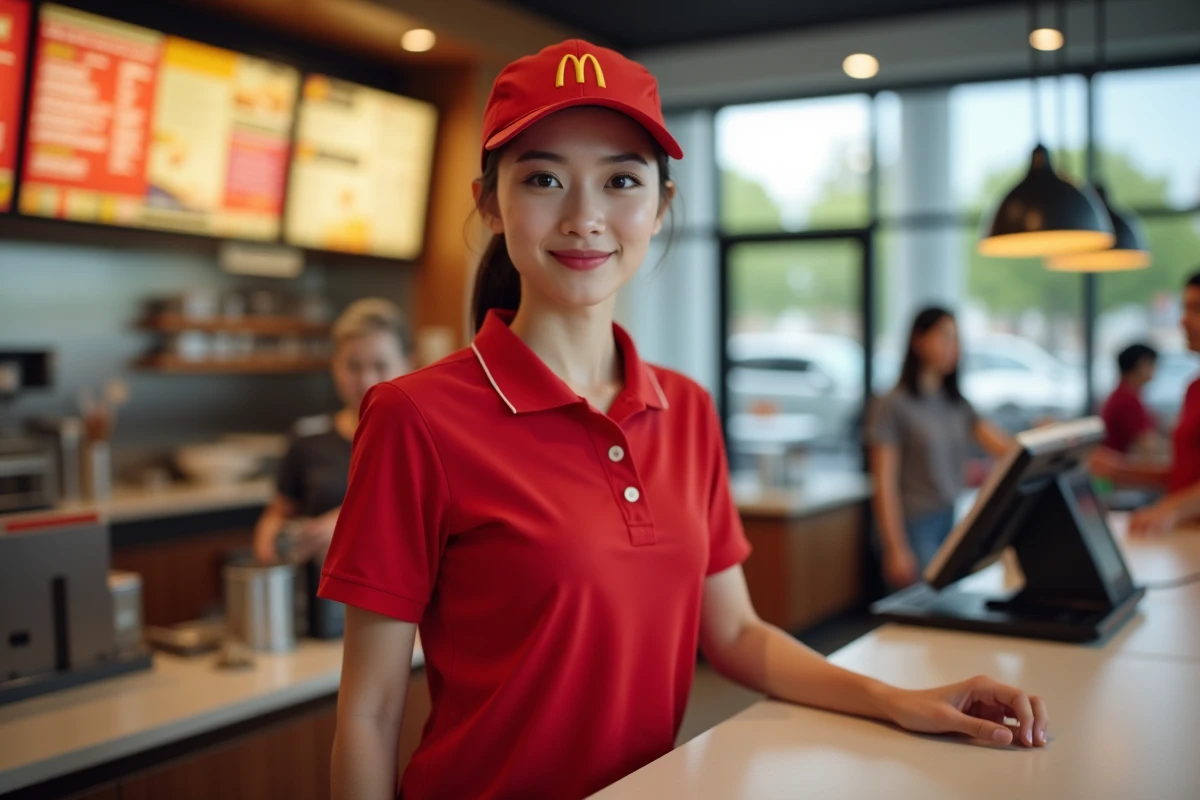 Jeune employée en uniforme McDonald's derrière un comptoir de restauration rapide, illustrant le salaire étudiant chez McDo en 2026