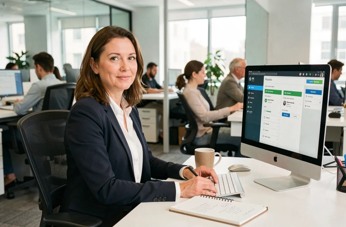 Salariée de bureau consultant un portail RH sur ordinateur dans un open space d'entreprise de livraison