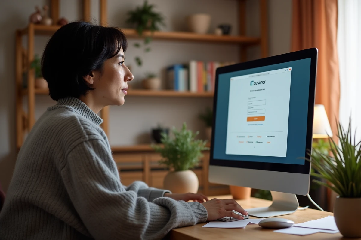 Femme consultant les paramètres de sécurité de son espace client Orange sur un ordinateur familial partagé