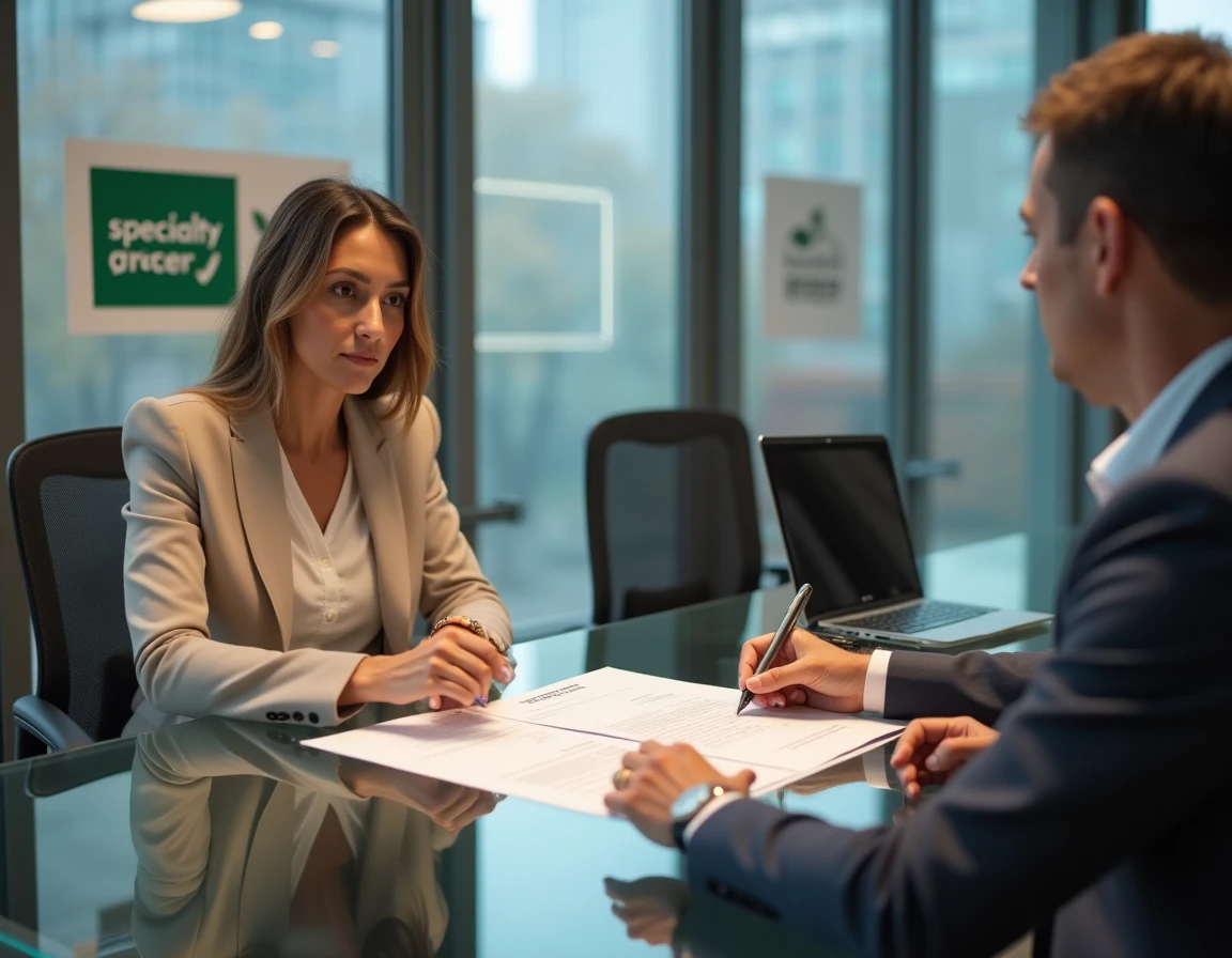 Femme en reconversion professionnelle signant un contrat de franchise épicerie fine avec un conseiller en franchise