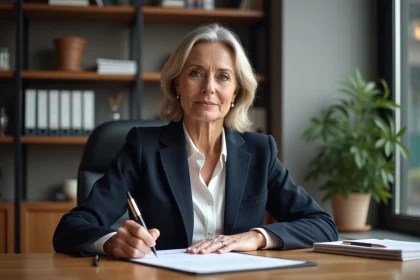 Femme cadre signant un document officiel pour ordre dans un bureau juridique