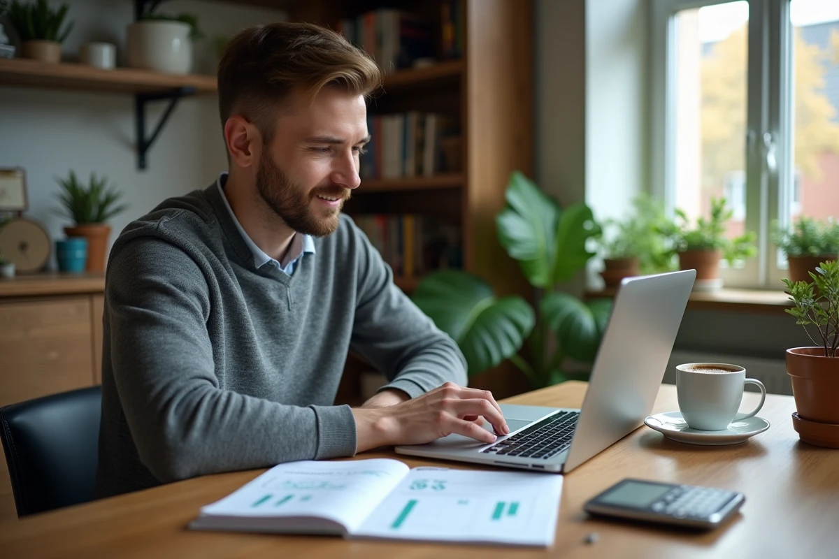 Homme calculant son salaire dans la fonction publique depuis chez lui avec un ordinateur portable et une calculatrice