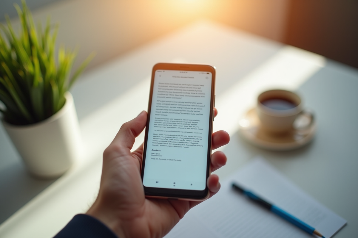 Smartphone affichant un brouillon de mail à froid dans un espace minimaliste