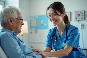 Infirmière souriante examine la main d'une personne âgée