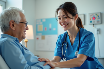 Infirmière souriante examine la main d'une personne âgée