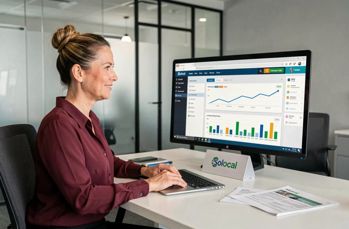 Responsable de compte digital de Solocal supervisant un tableau de bord SEO et de référencement local sur écran