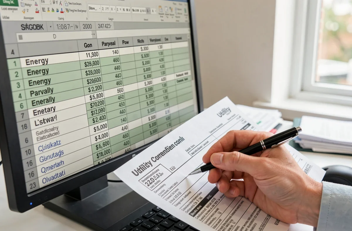 Tableur de données d'énergie et factures posés sur un bureau