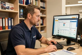 Technicien Norauto accédant à l'intranet de l'entreprise sur un ordinateur de bureau dans un centre auto