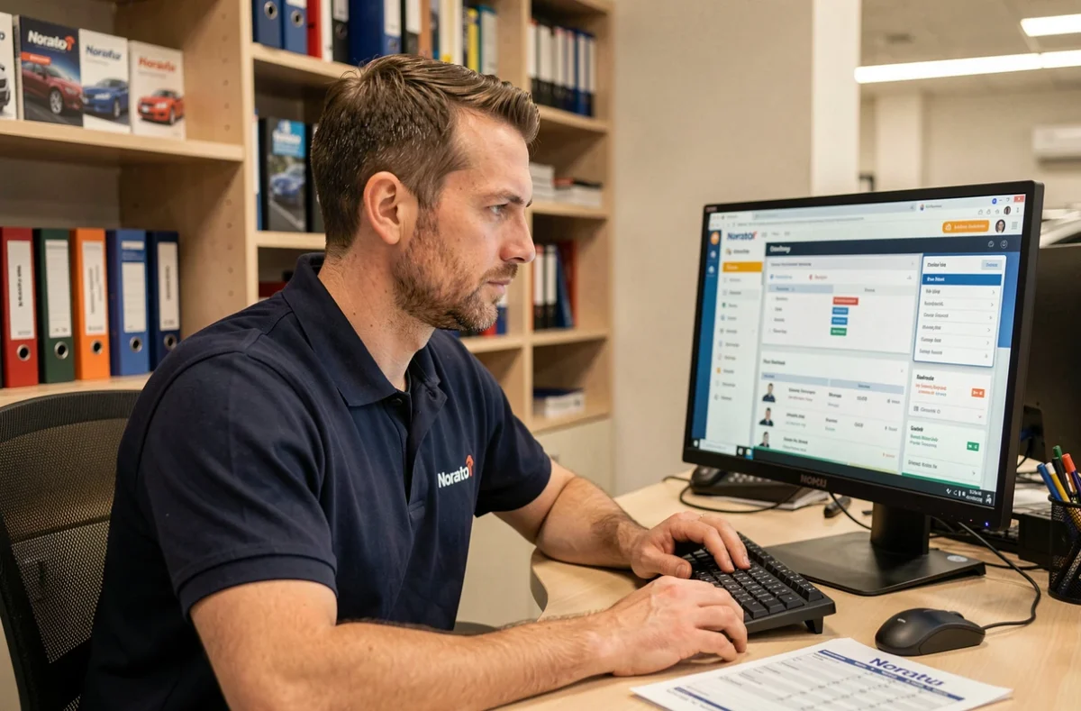 Technicien Norauto accédant à l'intranet de l'entreprise sur un ordinateur de bureau dans un centre auto